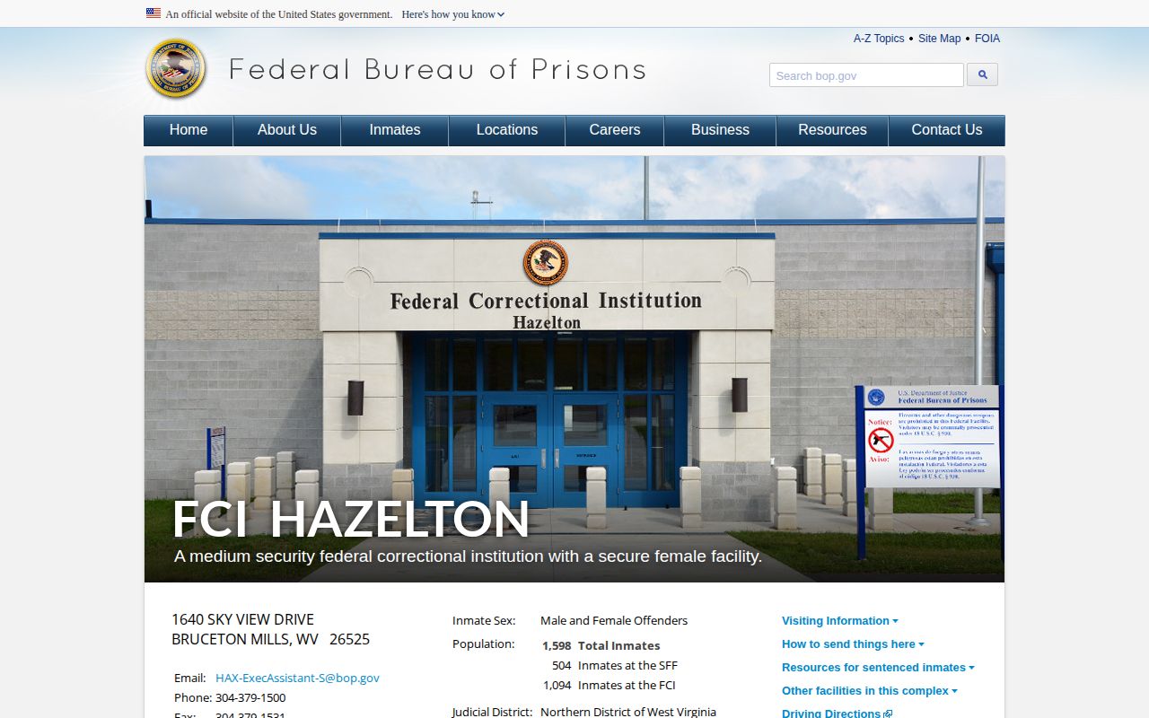 Official Bureau of Prisons page for FCI Hazelton
