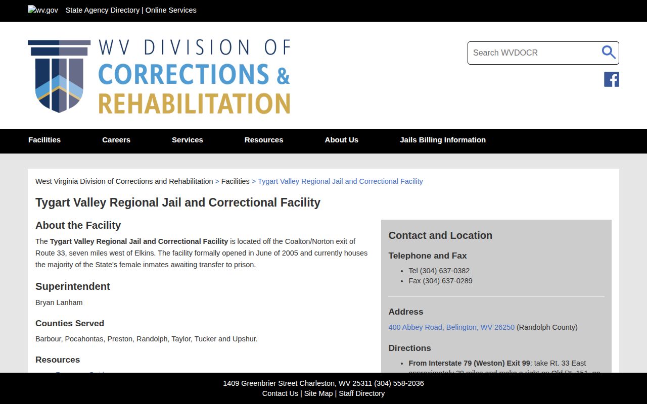 Official WVDCR page for Tygart Valley Regional Jail and Correctional Facility