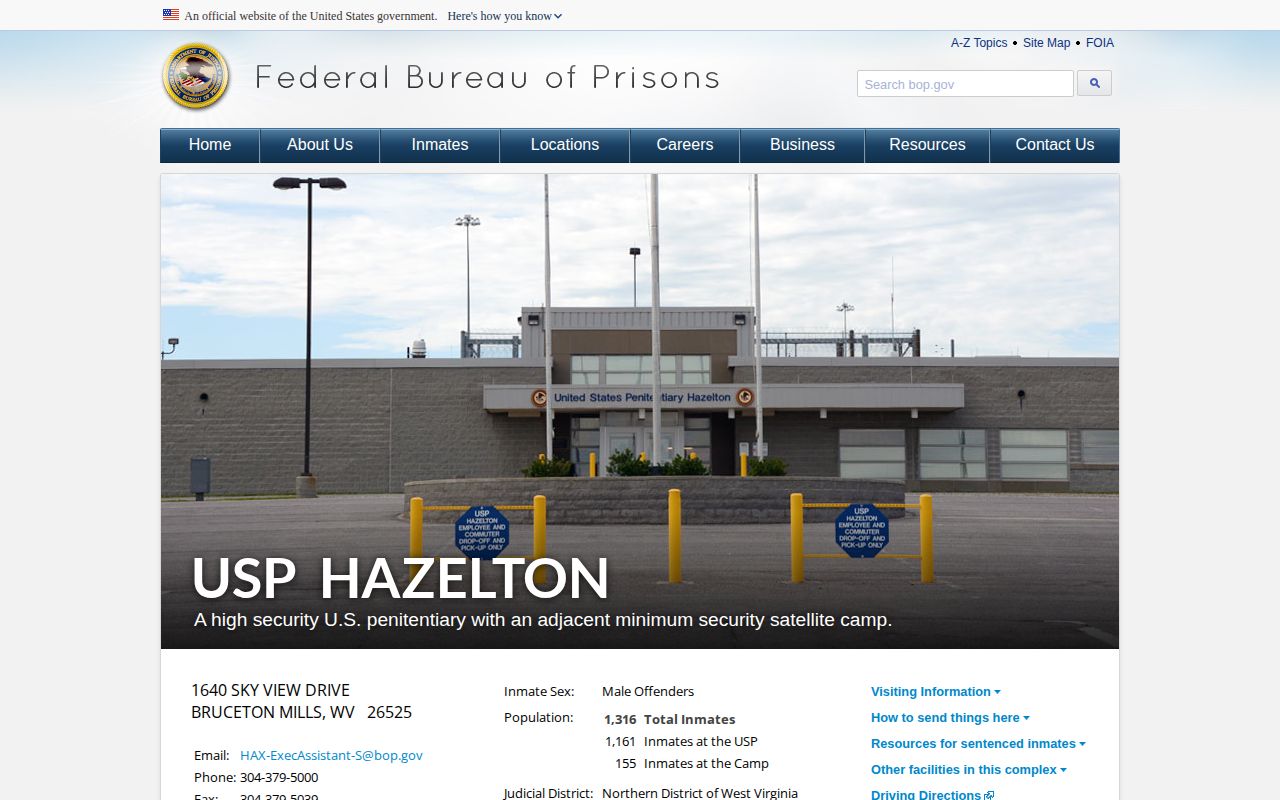 Official Bureau of Prisons page for USP Hazelton